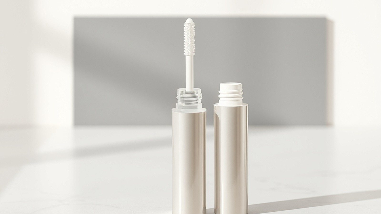 A photograph of single eyelash serum tube with applicator wand on a clean counter